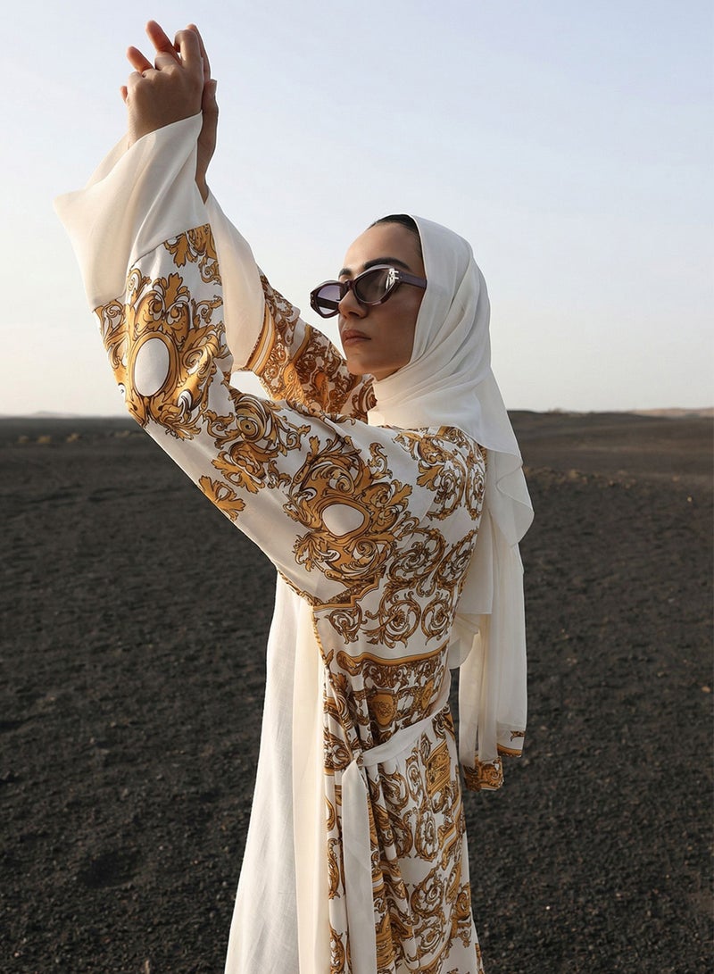 ISHIN Off White  Baroque print layered Abaya with Hijab - Image 1